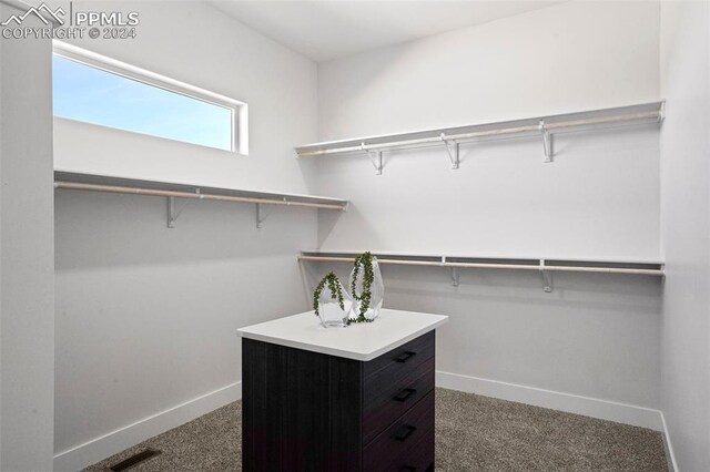 walk in closet featuring dark carpet