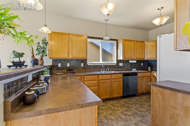 kitchen with backsplash, pendant lighting, sink, and stainless steel dishwasher