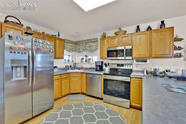 kitchen with light hardwood / wood-style floors, sink, and appliances with stainless steel finishes