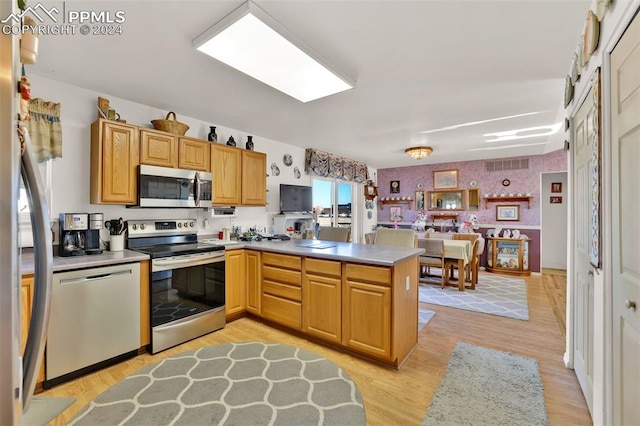 kitchen with kitchen peninsula, light hardwood / wood-style flooring, and appliances with stainless steel finishes