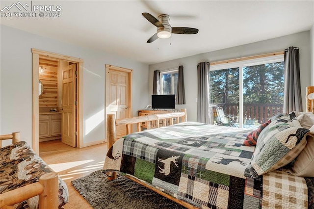 bedroom featuring ceiling fan, access to exterior, and connected bathroom