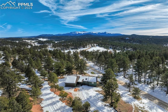 snowy aerial view featuring a mountain view