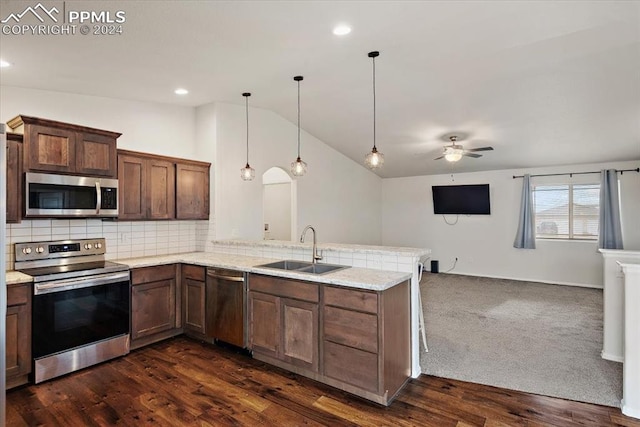 kitchen featuring kitchen peninsula, appliances with stainless steel finishes, dark wood-type flooring, sink, and lofted ceiling