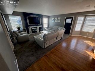 living room with a fireplace, plenty of natural light, and hardwood / wood-style flooring