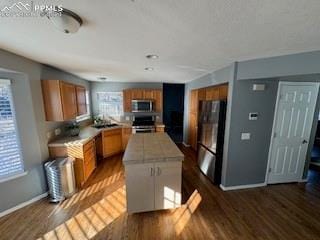 kitchen featuring stainless steel appliances, dark hardwood / wood-style flooring, and a kitchen island