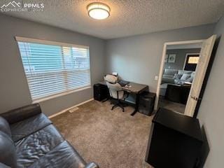 office space with a textured ceiling and carpet flooring