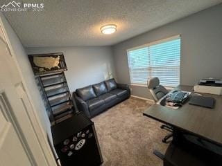 office space featuring carpet and a textured ceiling