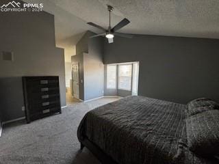 carpeted bedroom featuring ceiling fan, a textured ceiling, and high vaulted ceiling