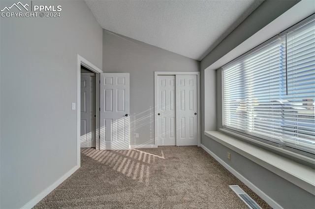 unfurnished bedroom featuring lofted ceiling, carpet floors, a closet, and a textured ceiling