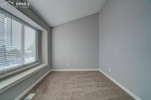 carpeted empty room with a textured ceiling