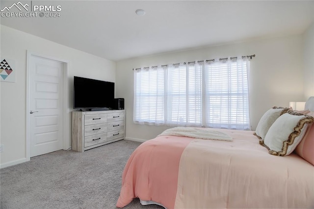 bedroom featuring light colored carpet