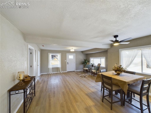 dining area featuring hardwood / wood-style floors, ceiling fan, a healthy amount of sunlight, and a textured ceiling