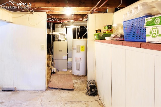 basement with heating unit and water heater