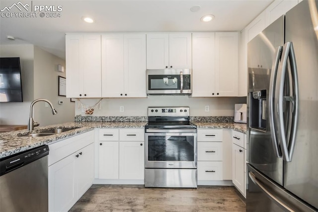 kitchen with white cabinetry, sink, stainless steel appliances, and light stone counters