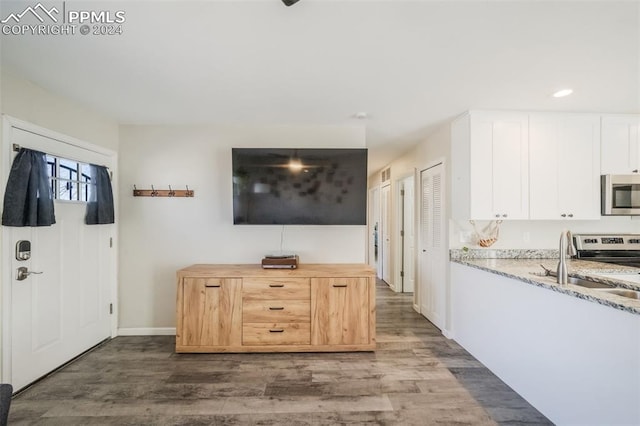 foyer with dark hardwood / wood-style flooring and sink