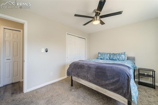 bedroom featuring carpet flooring, ceiling fan, and a closet