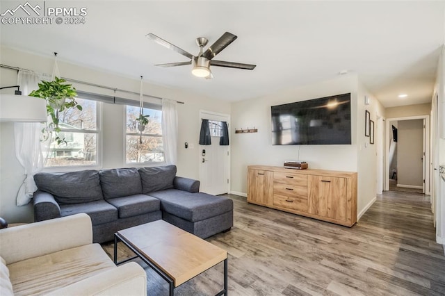 living room featuring hardwood / wood-style flooring and ceiling fan