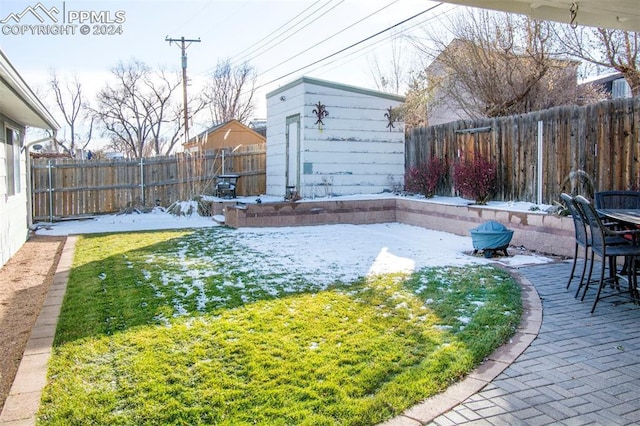 view of yard featuring a patio and a storage unit