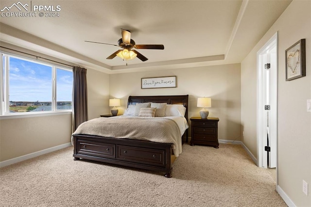 bedroom with a raised ceiling, light colored carpet, and baseboards