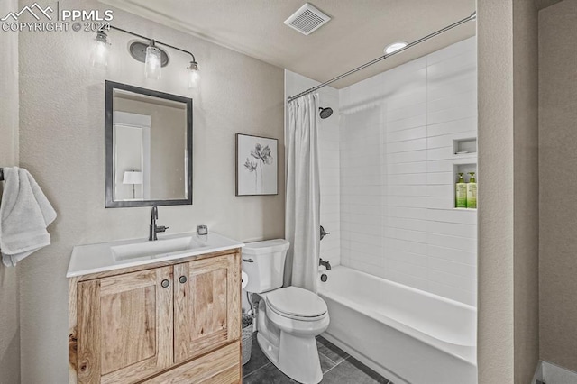 full bathroom with tile patterned flooring, vanity, shower / bathtub combination with curtain, and toilet