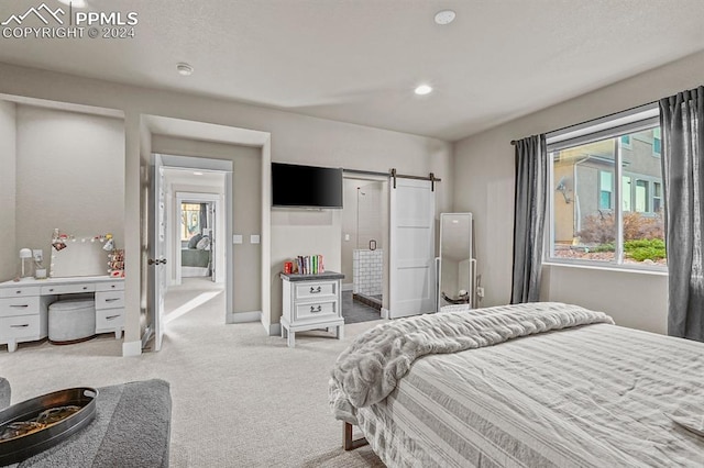 bedroom with multiple windows, a barn door, and light carpet