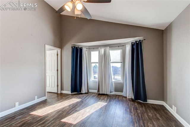 unfurnished room featuring ceiling fan, dark wood-type flooring, and vaulted ceiling