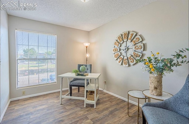 home office featuring hardwood / wood-style floors and a textured ceiling