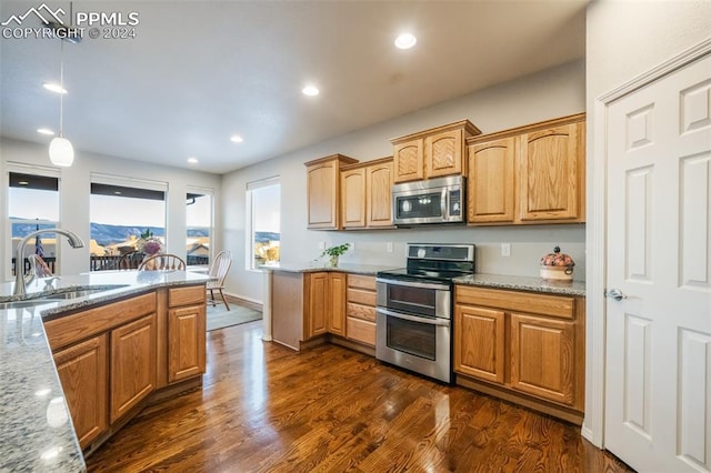 kitchen with light stone countertops, stainless steel appliances, sink, dark hardwood / wood-style floors, and hanging light fixtures