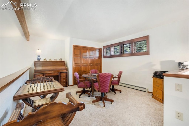 carpeted dining area featuring beamed ceiling and baseboard heating