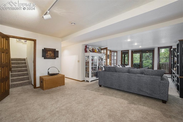 living room featuring light carpet, french doors, and rail lighting