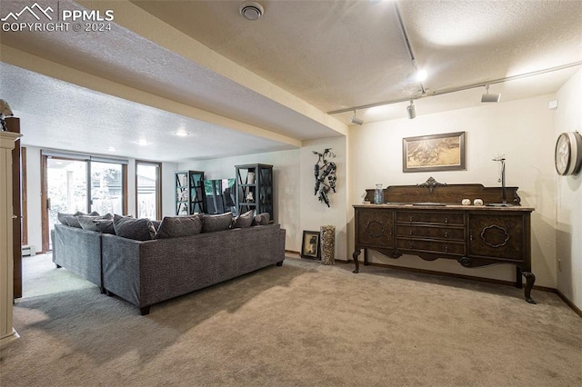 living room with baseboard heating, a textured ceiling, light carpet, and track lighting