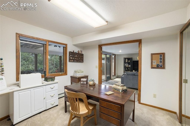 office area featuring light carpet and a baseboard radiator