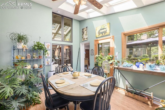 sunroom featuring a skylight and ceiling fan