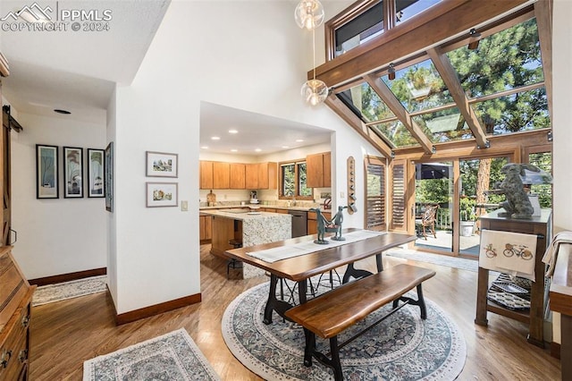 dining space with light hardwood / wood-style floors and high vaulted ceiling