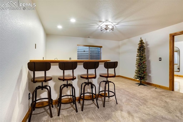 bar featuring a textured ceiling and light colored carpet