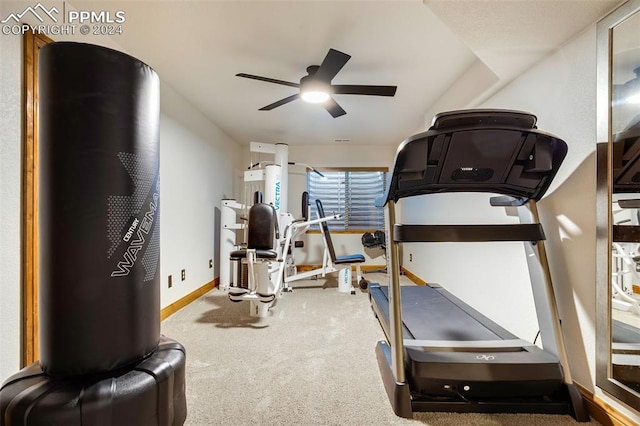 exercise room featuring carpet floors and ceiling fan