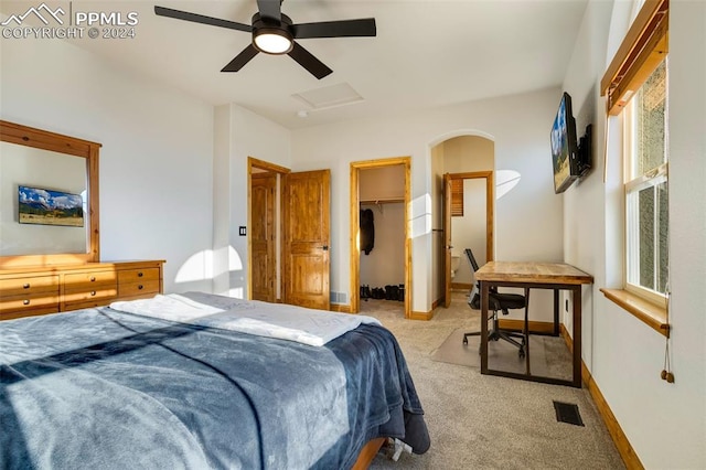 carpeted bedroom featuring a spacious closet, a closet, and ceiling fan