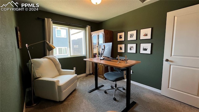 office area featuring carpet floors and a textured ceiling