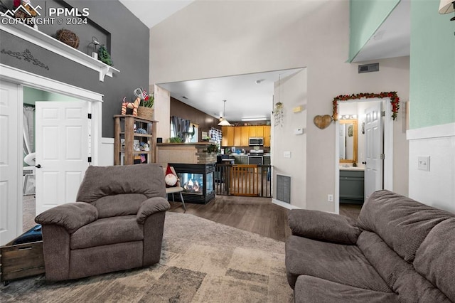 living room featuring a multi sided fireplace and dark wood-type flooring