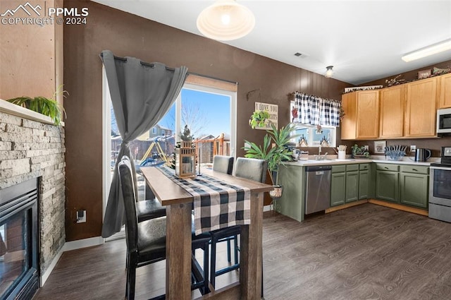 kitchen featuring stainless steel appliances, a stone fireplace, green cabinetry, and dark hardwood / wood-style floors