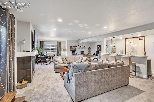 living room with light colored carpet