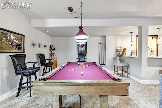 game room featuring light carpet and pool table