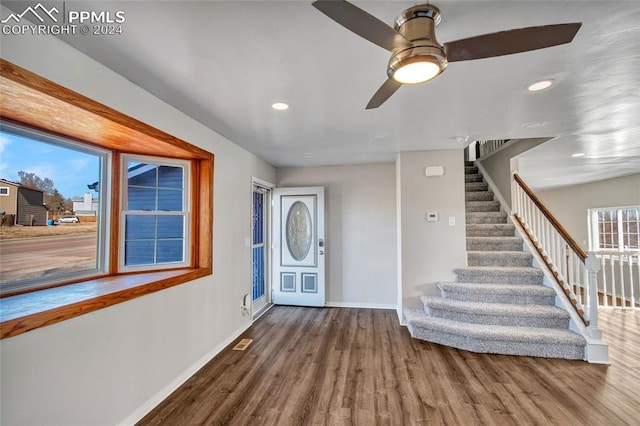 entryway featuring wood-type flooring, ceiling fan, and a healthy amount of sunlight