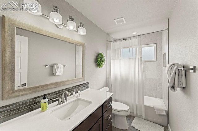 full bathroom with vanity, toilet, shower / bathtub combination with curtain, and backsplash