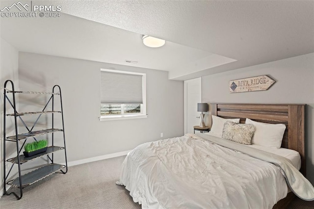 carpeted bedroom featuring a textured ceiling