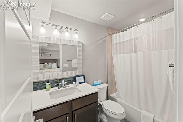 full bathroom with vanity, toilet, shower / bathtub combination with curtain, and backsplash