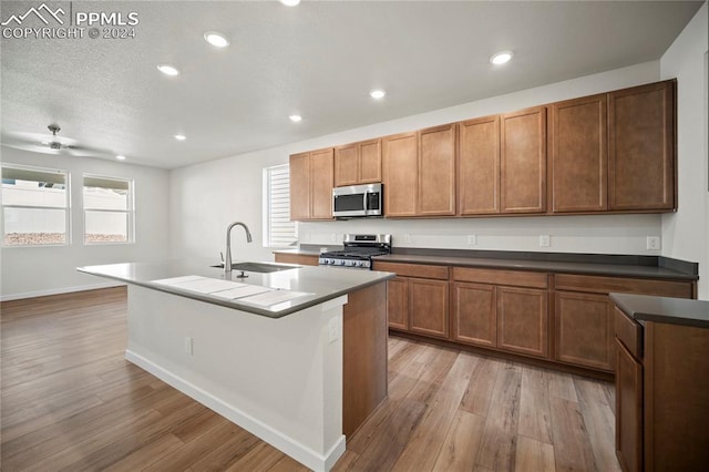 kitchen featuring light hardwood / wood-style floors, a center island with sink, a wealth of natural light, sink, and appliances with stainless steel finishes