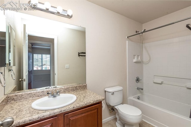 full bathroom featuring shower / tub combination, tile patterned flooring, vanity, and toilet