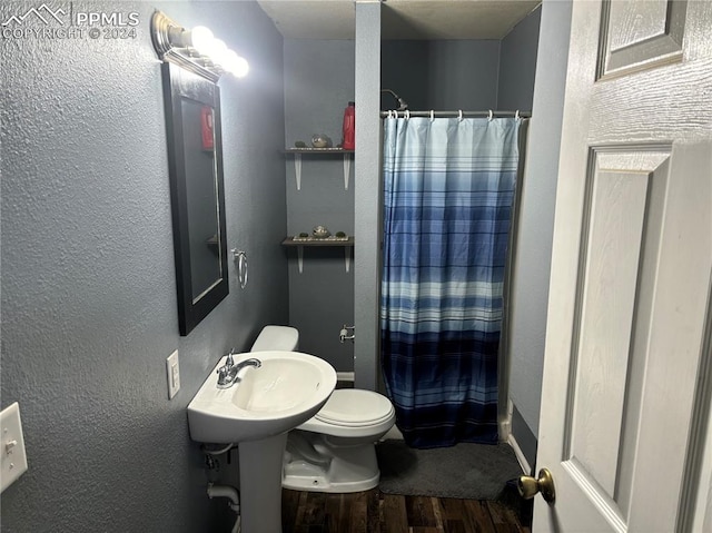 bathroom with curtained shower, toilet, and wood-type flooring