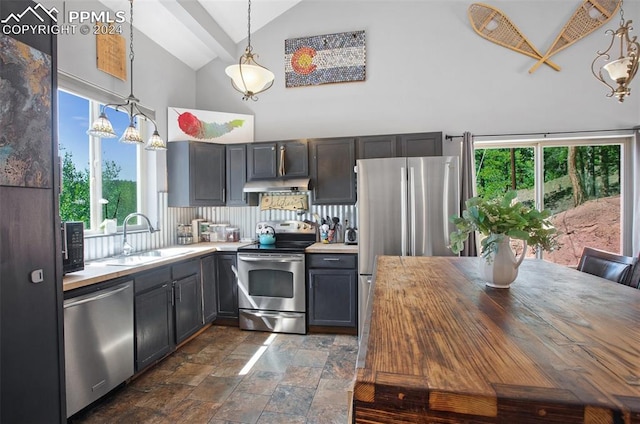 kitchen with high vaulted ceiling, stainless steel appliances, decorative light fixtures, and sink